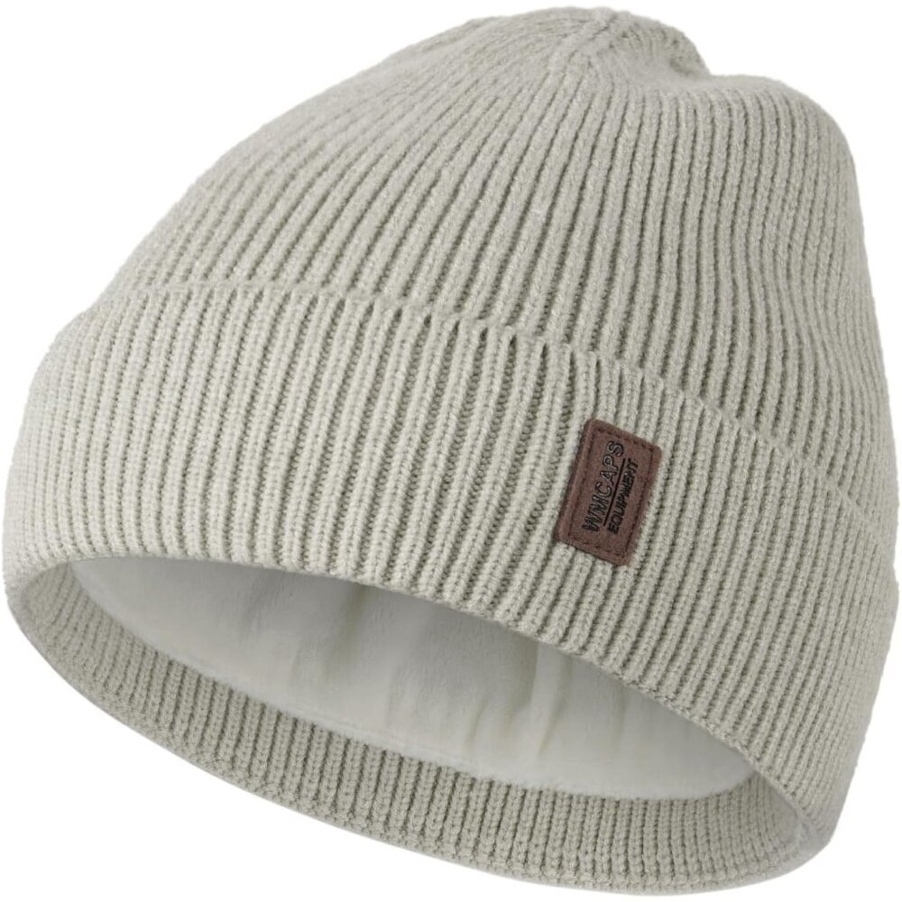 Men's Light Grey Fleece Lined Beanie Soft Winter Warm Ski Stocking Knit Hat